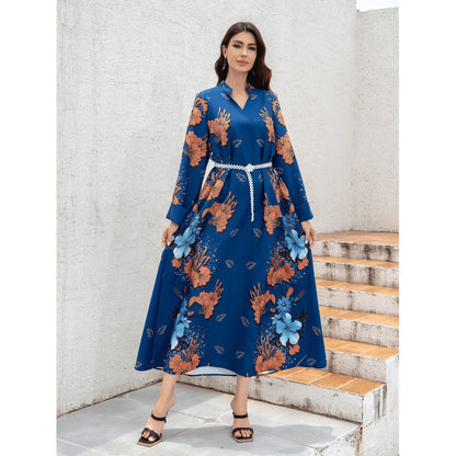 Sw0839 Middle Eastern Cross-Border Muslim Ladies Robe Printed Accessible Luxury Pearl Belt Jumabiya Dress