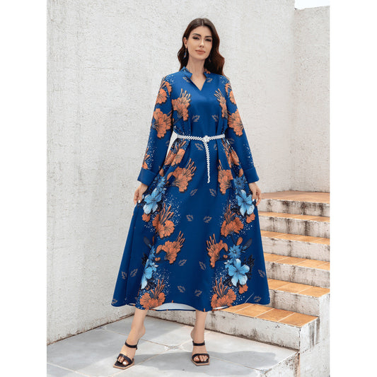 Sw0839 Middle Eastern Cross-Border Muslim Ladies Robe Printed Accessible Luxury Pearl Belt Jumabiya Dress