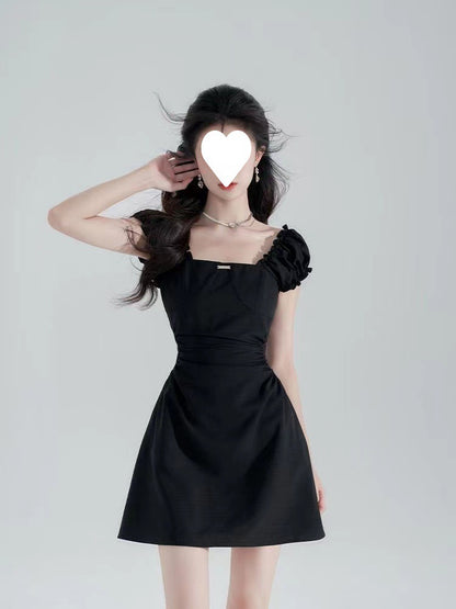Black Waist-Cinching Slimming Square-Neck Dress for Women 2026 New Summer French Hepburn Style Elegant A-Line Short Skirt