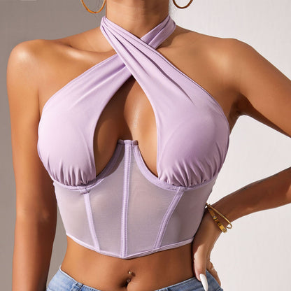 Cross-border Foreign Trade Mesh Beauty Chest Hanging Neck Tie-wrap Chest Sexy Spice Girl Fish Bone Steel Ring Outer Wear Backless Vest