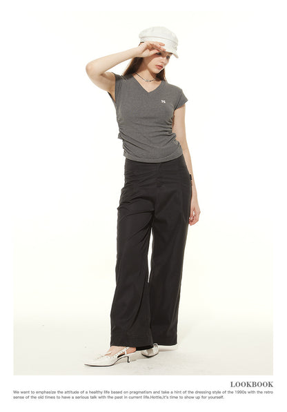 Heyhenry 2025 Summer Pleated Short-Sleeved T-Shirt Women's Niche Design Sexy Short Pinch Waist Niche Top