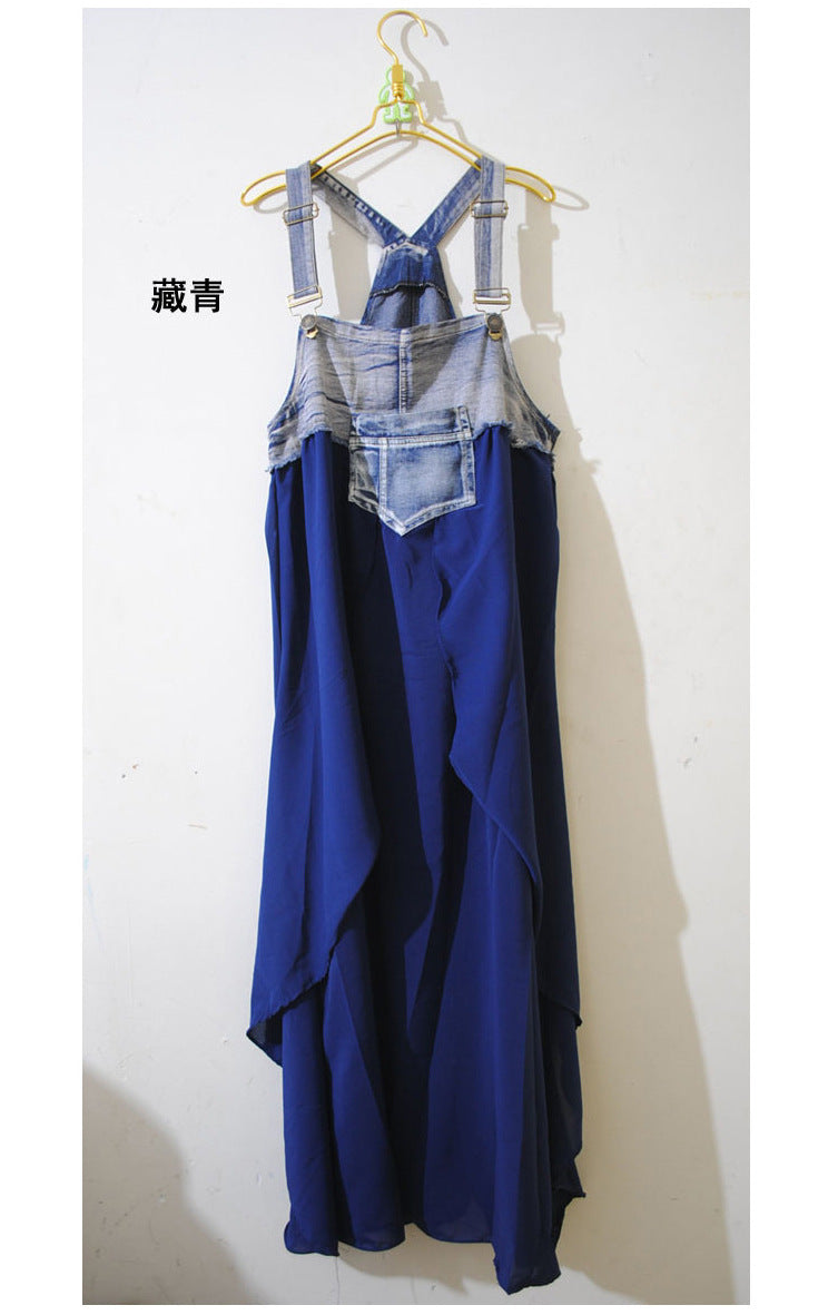 2024 Summer New Korean Style plus size Loose Fashionable Casual Denim Stitching Chiffon Strap Denim dress Women