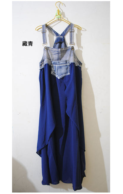 2024 Summer New Korean Style plus size Loose Fashionable Casual Denim Stitching Chiffon Strap Denim dress Women