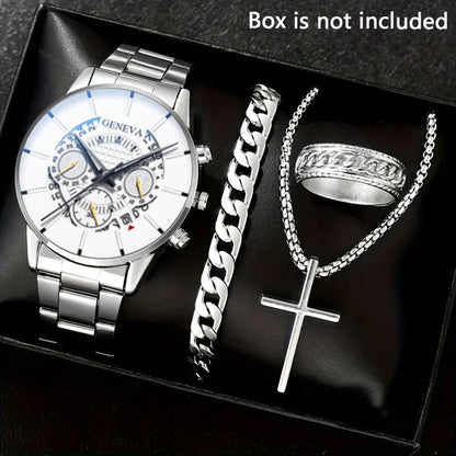 Men's 4-piece Luxury Stainless Steel Quartz Watch with Calendar Gold Cross Necklace Bracelet and Ring