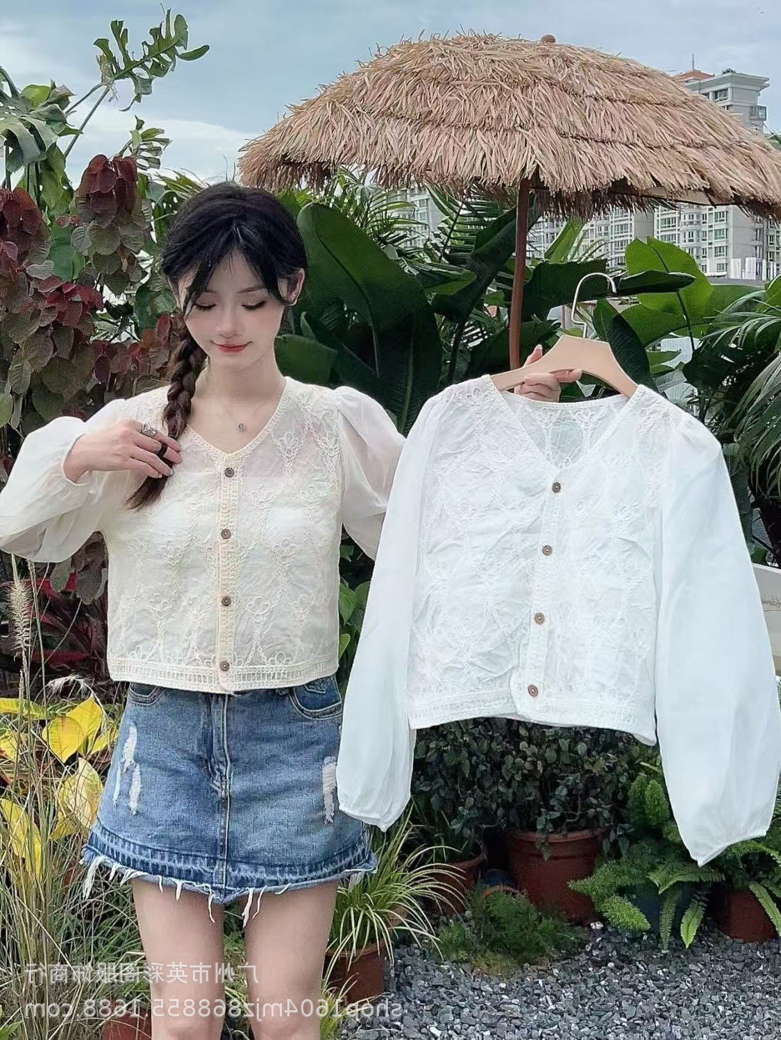 Spring and Summer All-match Sunscreen Stitching Chiffon Cardigan Long-sleeved Puff-sleeved Women's Niche Top Loose Western-style Coat