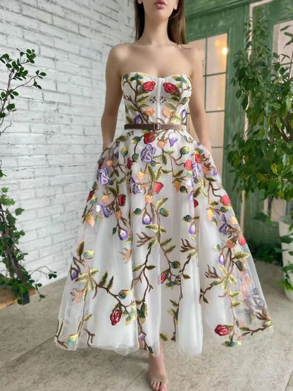 2025 Cross-Border New European and American Clothing Dress One-Shoulder Tube Top Embroidered Elegant Slim Mesh Long Skirt