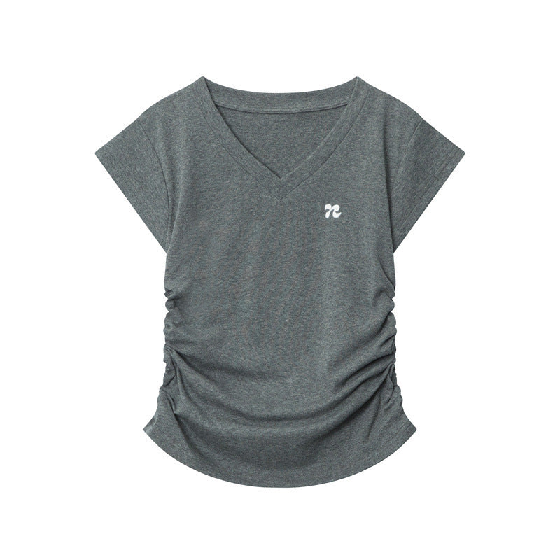 Heyhenry 2025 Summer Pleated Short-Sleeved T-Shirt Women's Niche Design Sexy Short Pinch Waist Niche Top