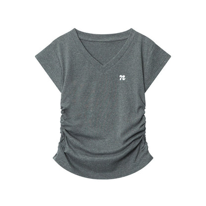 Heyhenry 2025 Summer Pleated Short-Sleeved T-Shirt Women's Niche Design Sexy Short Pinch Waist Niche Top