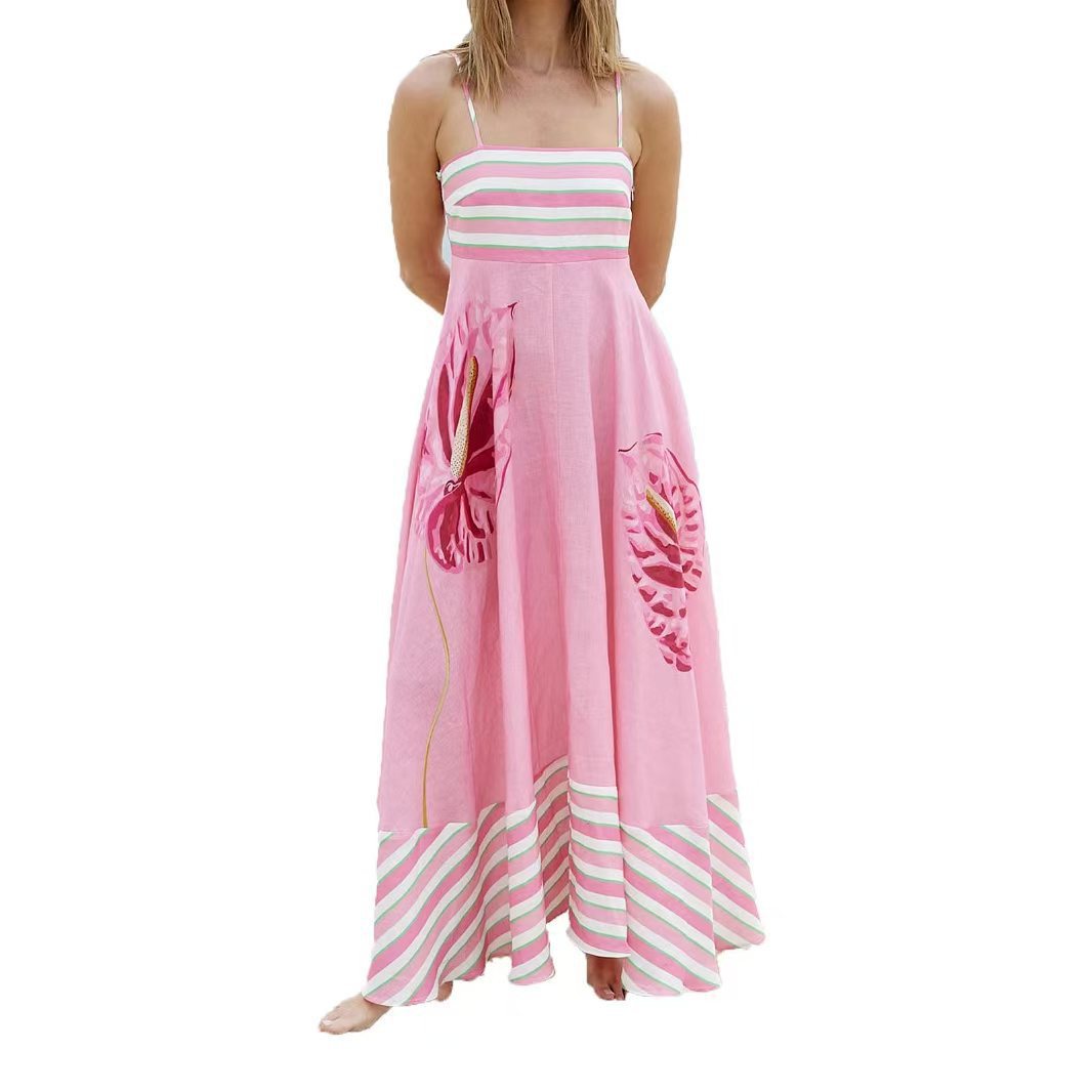 2024 Summer New European and American Cross-border Independent Station Sexy Sling Elegant Printed Striped High Waist Large Swing dress