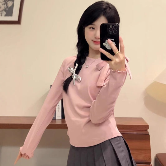 Bow Strap Long-sleeved Korean Style Chic Autumn and Winter New Top Sweet Pure Style Tight Waist Slim Fit Pleated Top