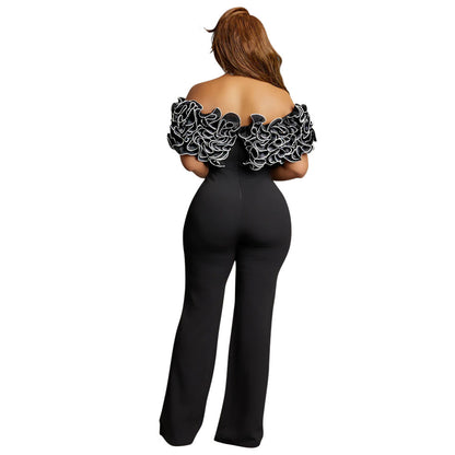 C8593 Cross-border Women's 2024 New Shoulder Collar Ruffled Sexy High Waist Solid Color African jumpsuit