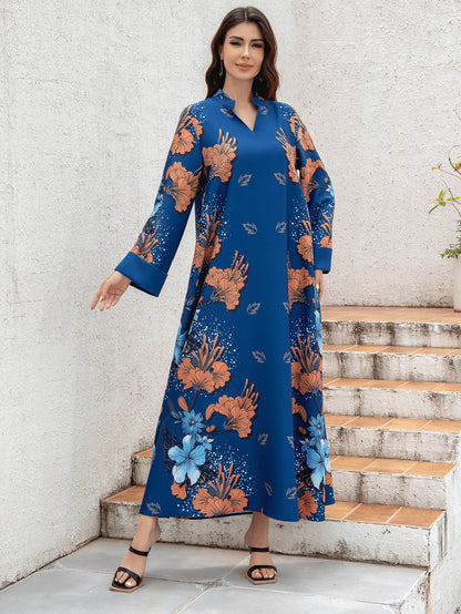 Sw0839 Middle Eastern Cross-Border Muslim Ladies Robe Printed Accessible Luxury Pearl Belt Jumabiya Dress