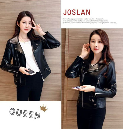 2025 Spring and Autumn New Korean Style Short Women's Pu Women's Large Size Leather Jacket Slim Motorcycle Jacket Small Leather Jacket