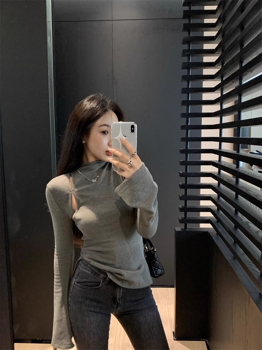 Pure Desire Thread Velvet Tight Inner Half-High Neck T-Shirt Women's Spring and Autumn Design Sense Hollow Base Shirt Top