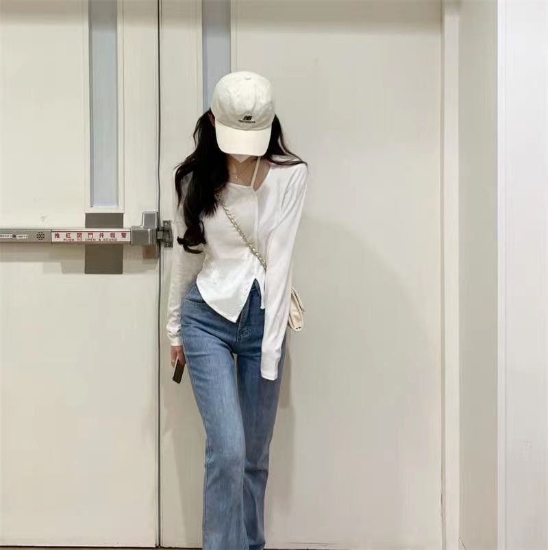 American Style Design Irregular Long-sleeved T-shirt Women's 2024 Spring and Autumn New Slim-fit Slimming Temperament Base Top