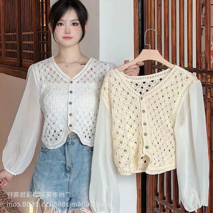 Spring and Summer All-match Sunscreen Stitching Chiffon Cardigan Long-sleeved Puff-sleeved Women's Niche Top Loose Western-style Coat
