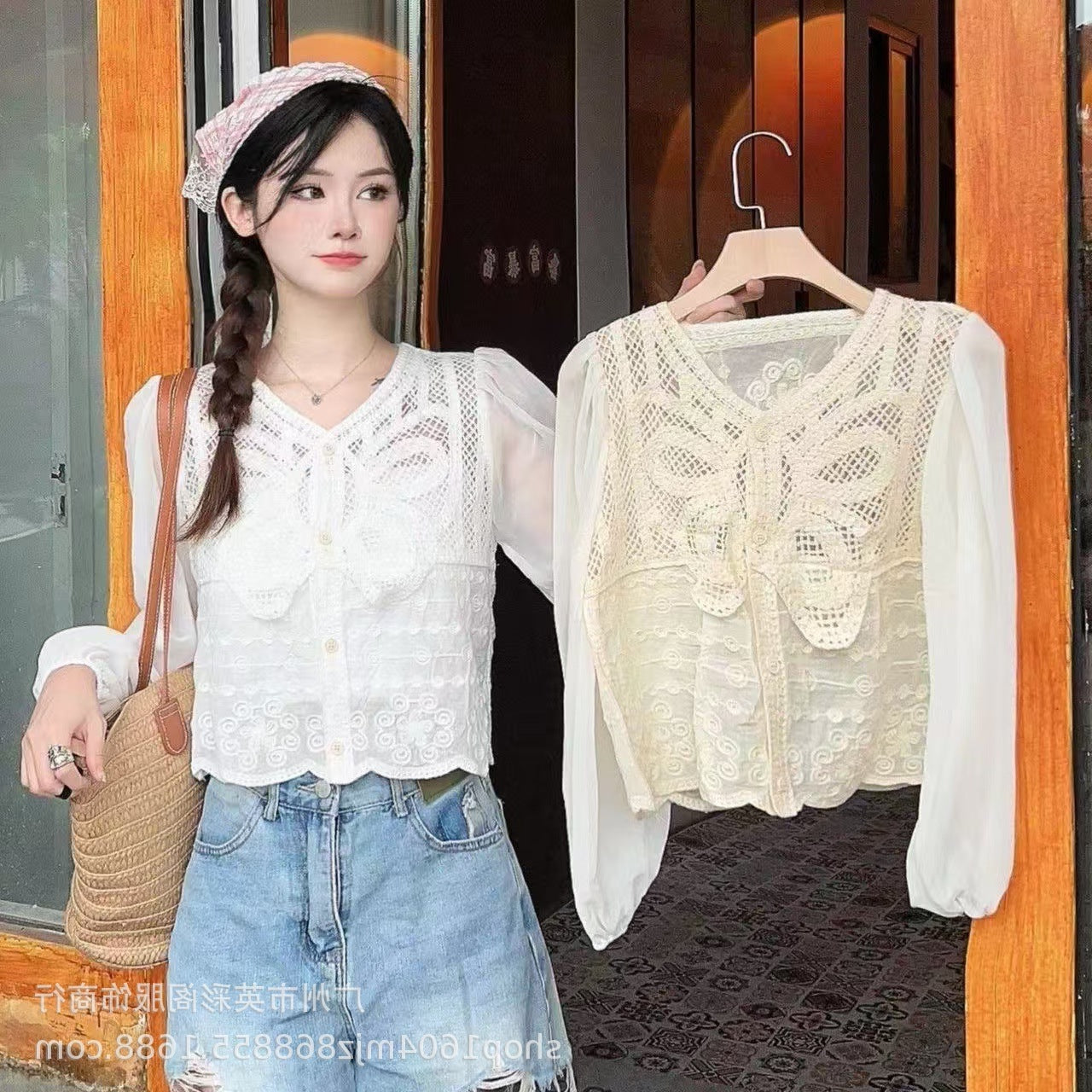 Spring and Summer All-match Sunscreen Stitching Chiffon Cardigan Long-sleeved Puff-sleeved Women's Niche Top Loose Western-style Coat