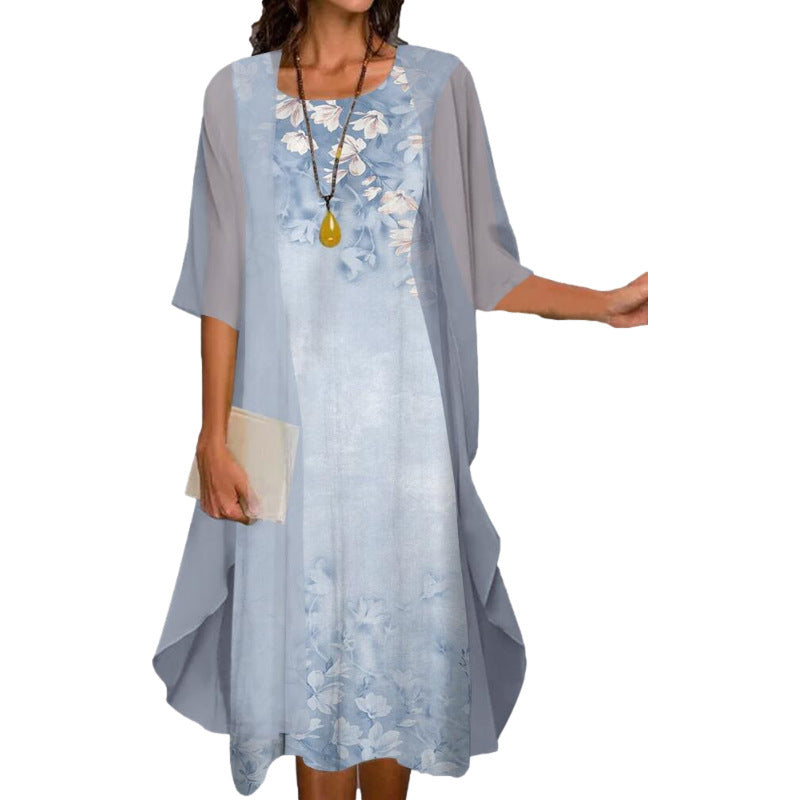2024 European and American Amazon Summer Women's Casual dress Two-Piece Flower-Print Round Neck Slim-Fit Dress Women