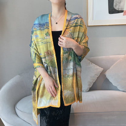 Van Gogh Monet oil painting double-sided double-layer silk scarf women's long 180x70 new silk satin popular fashion scarf shawl New