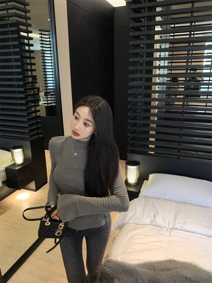 Pure Desire Thread Velvet Tight Inner Half-High Neck T-Shirt Women's Spring and Autumn Design Sense Hollow Base Shirt Top