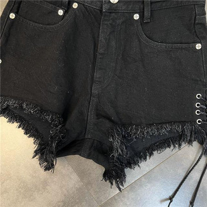 Lace-Up Raw Edge Cross Flower Picture Sweet Cool Dark Style Denim Shorts for Women Summer Outer Wear Large Size Fat mm Popular Hot Pants