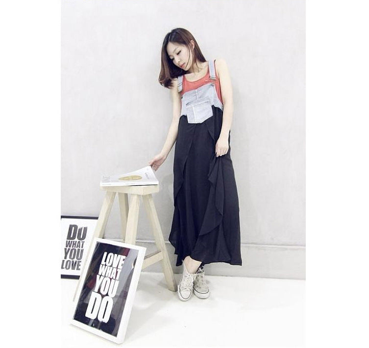 2024 Summer New Korean Style plus size Loose Fashionable Casual Denim Stitching Chiffon Strap Denim dress Women