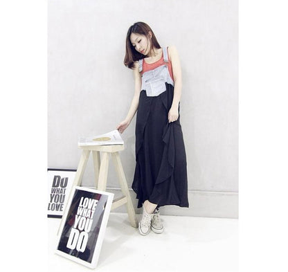2024 Summer New Korean Style plus size Loose Fashionable Casual Denim Stitching Chiffon Strap Denim dress Women