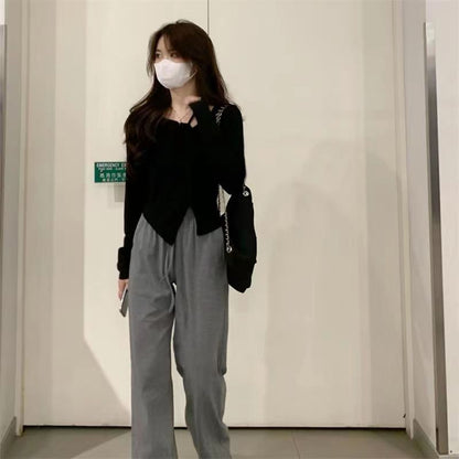 American Style Design Irregular Long-sleeved T-shirt Women's 2024 Spring and Autumn New Slim-fit Slimming Temperament Base Top