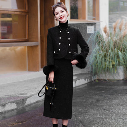 2024 Winter New Style Liner White Duck Down Jacket Real Hair Chanel Style suit Women's Light Luxury Socialite Skirt Two-piece Set