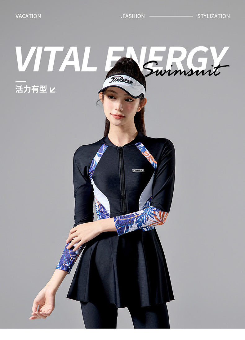 2025 New Japanese and Korean Sunscreen Long-sleeved Trousers Split Two-piece Surfer Suit plus size Dress Swimwear Women