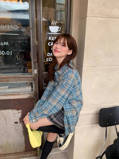 American-style Retro Blue Plaid Shirt Couple's Coat Spring and Autumn Loose Casual Sun-protective Shirt All-match Long-sleeved Top