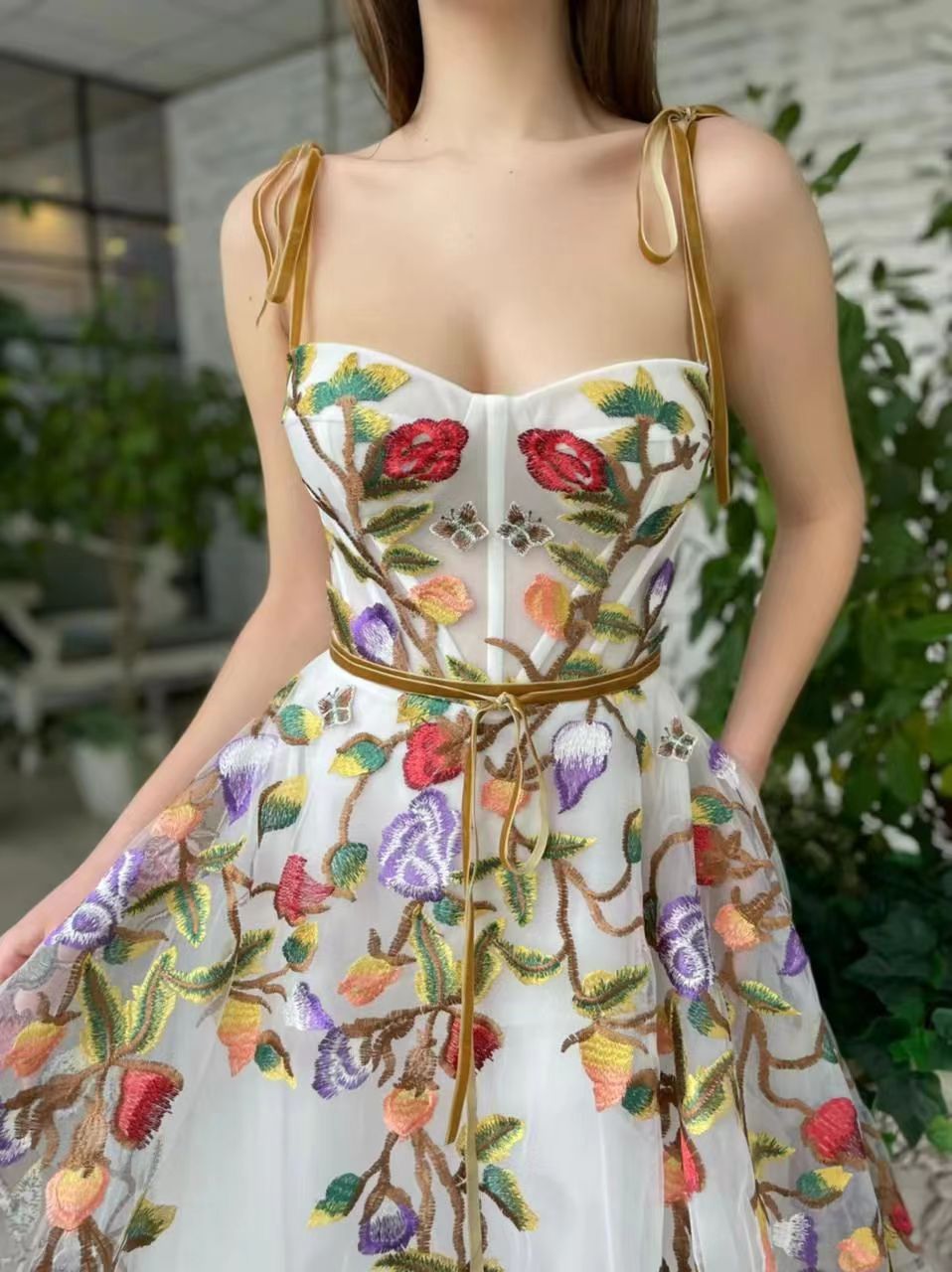 2025 Cross-Border New European and American Clothing Dress One-Shoulder Tube Top Embroidered Elegant Slim Mesh Long Skirt