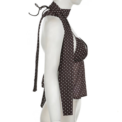 2024 Winter New French Style Elegant Strap Deep V Open Chest Lace Large Open Back Contrast Color Dot Design Small Sling