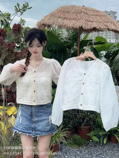 Spring and Summer All-match Sunscreen Stitching Chiffon Cardigan Long-sleeved Puff-sleeved Women's Niche Top Loose Western-style Coat