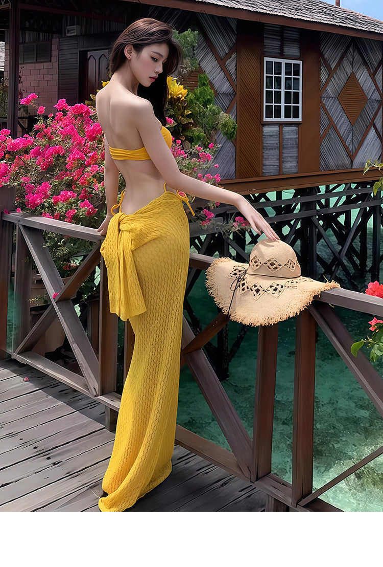 Bikini Swimsuit Women's 2025 New Thai Beautiful Yellow Split Three-piece Sexy Long Dress Island Holiday Style