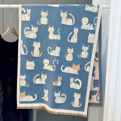 Cartoon Cute Cat Double-Sided Double-Wearing Imitation Cashmere Women's Winter Thickened Warm Neck Shawl Student Soft