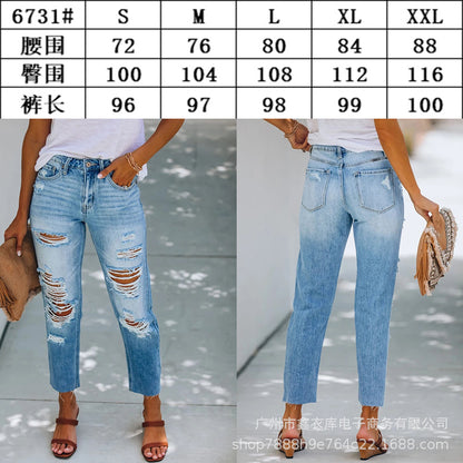Cross-Border Export Jeans 2025 Summer Elegant Simple European and American Ripped Slimming Look Washed Denim Pants for Women