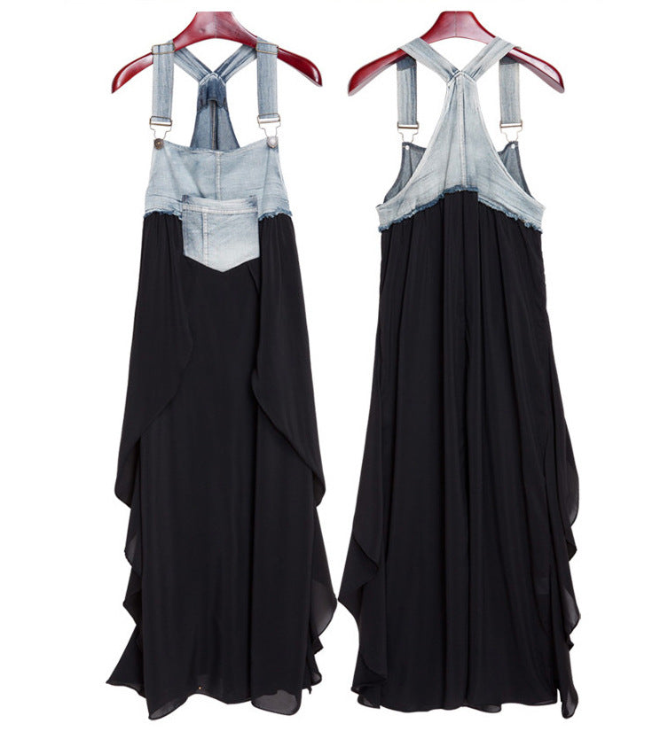 2024 Summer New Korean Style plus size Loose Fashionable Casual Denim Stitching Chiffon Strap Denim dress Women