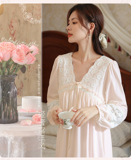 Women's long-sleeved nightdress spring cotton court style French lace princess temperament long pajamas can be worn outside home wear autumn and winter