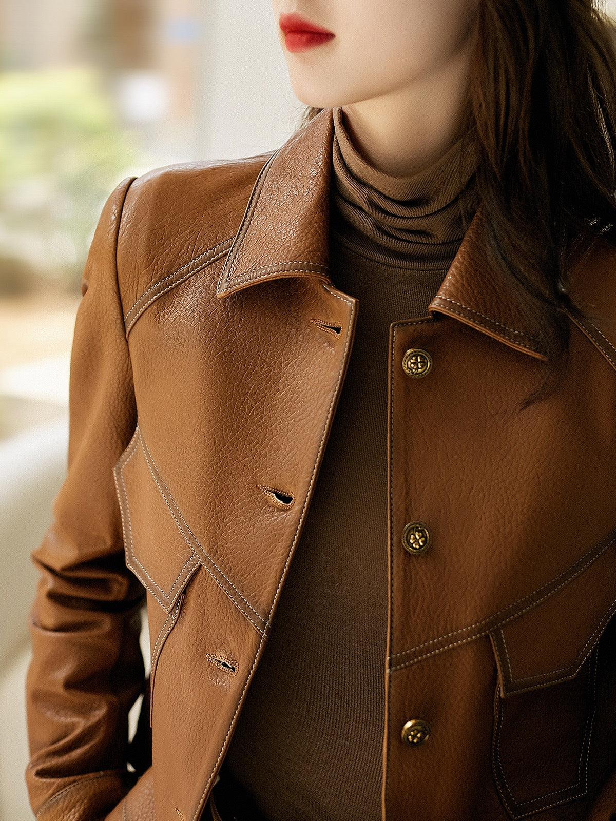 Haining Spring and Autumn New Leather Jacket Single Lined Leather Jacket Women's Short Slim Motorcycle Women's Short Leather Jacket C2707