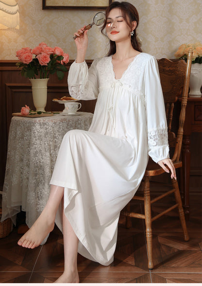 Women's long-sleeved nightdress spring cotton court style French lace princess temperament long pajamas can be worn outside home wear autumn and winter