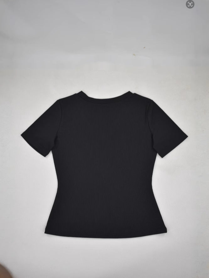 Solid Color Ribbed Pit V-Neck Short-Sleeve Tee