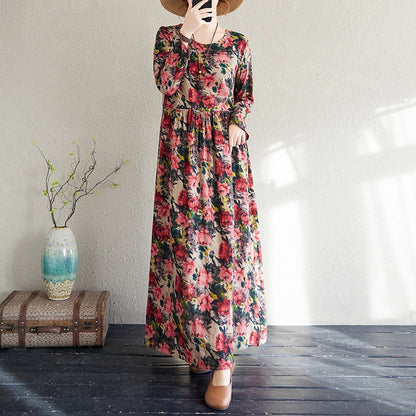 2025 Early Spring New Style Color Holiday Style Travel Crewneck Long Sleeve Retro Long Dress Women's Mat Covering Cotton and Linen dress
