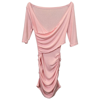 South Korea Dongdaemun New Sexy Feminine V-Neck Pleated Bag Hip Mid-Sleeve dress Figure