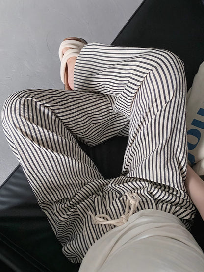 Foreign Trade Bag-free Trendy Black and White Vertical Stripe Wide-leg Pants Women's Summer Thin Vertical Straight Pants All-match Slimming Casual