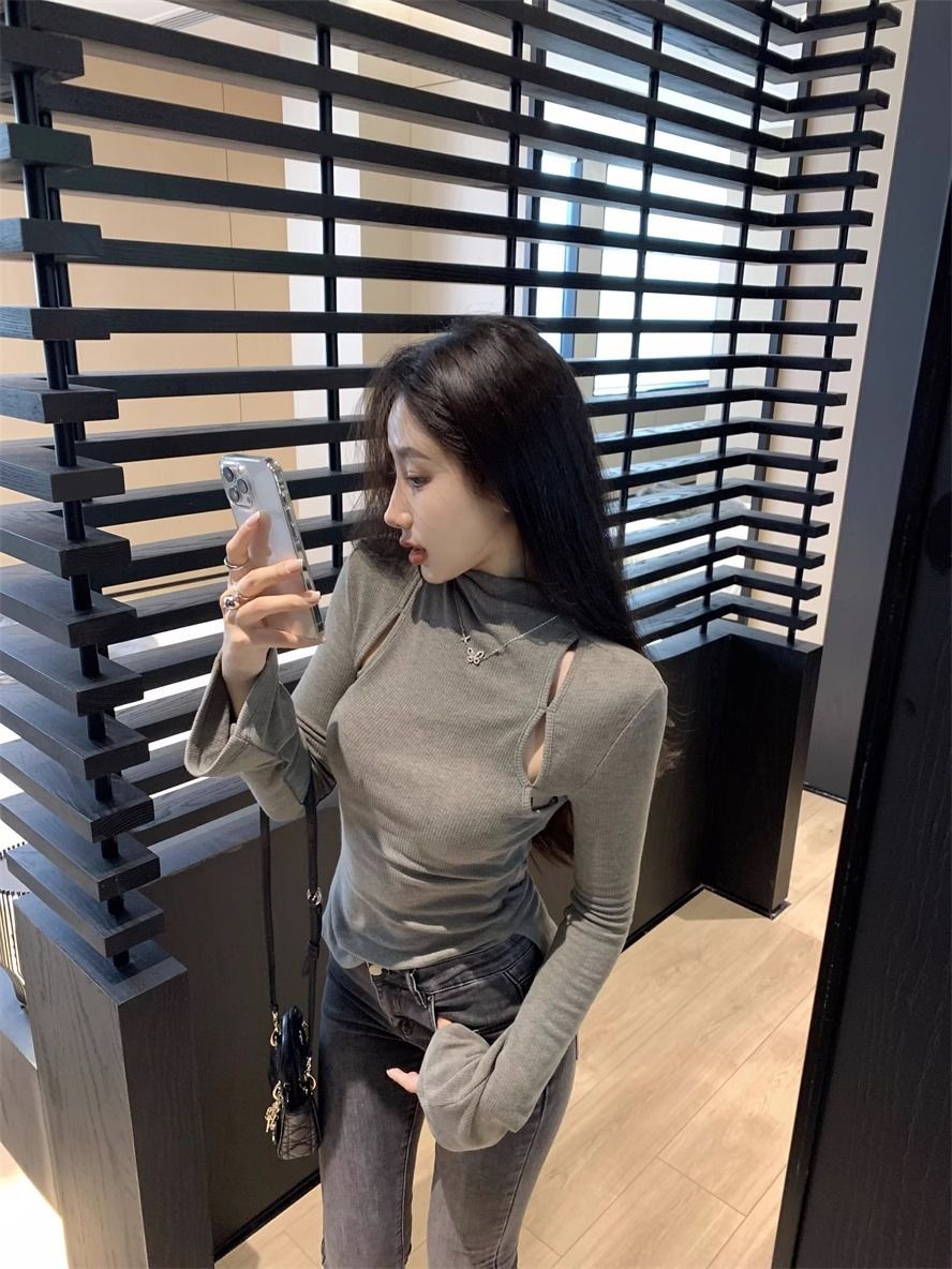Pure Desire Thread Velvet Tight Inner Half-High Neck T-Shirt Women's Spring and Autumn Design Sense Hollow Base Shirt Top