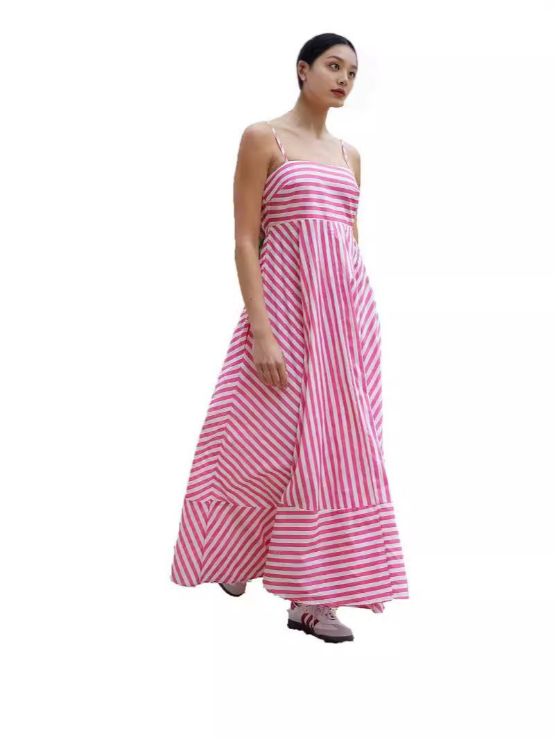 2024 Summer New European and American Cross-border Independent Station Sexy Sling Elegant Printed Striped High Waist Large Swing dress