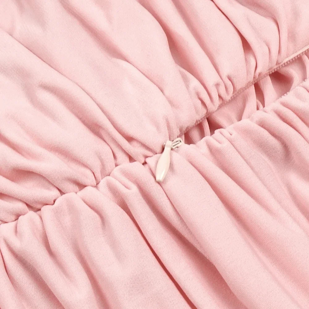 In Stock | European and American Cross-Border Spring and Summer Pink Floral Ruched Long-Sleeve Dress Women's Fitted Short Dress