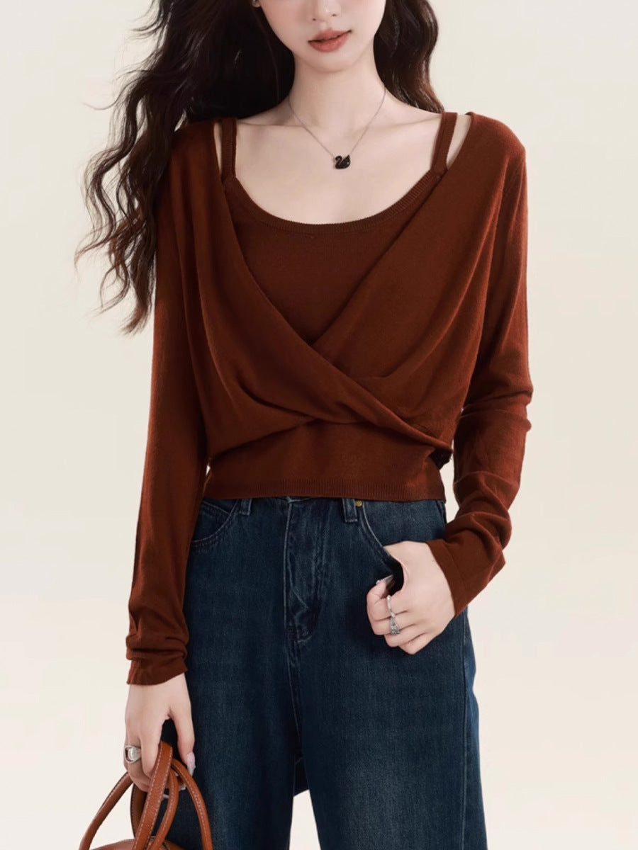 Korean Style Grey Niche Cross-kink Long-sleeved Knitted Top Women's Chic Inner Vest suit