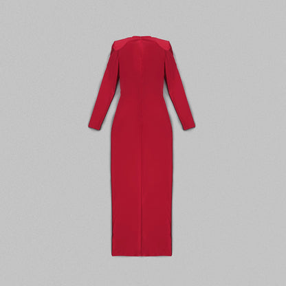 In Stock | New Cross-Border Long-Sleeve Ring-Neck European and American Women's Fashion V-Neck White and Red Long High-End Dress Wholesale.